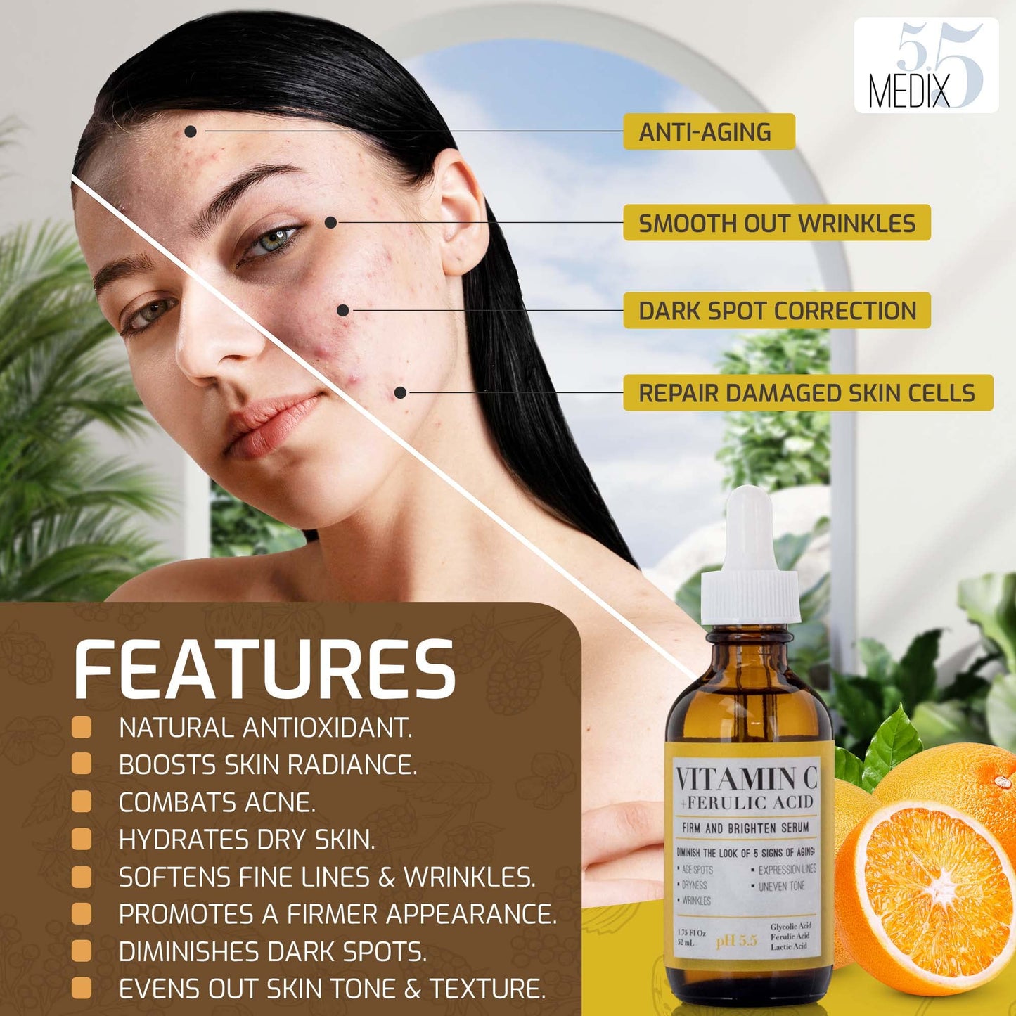 Medix 5.5 Vitamin C Serum with Glycolic Acid, Ferulic Acid and Lactic Acid Face Serum