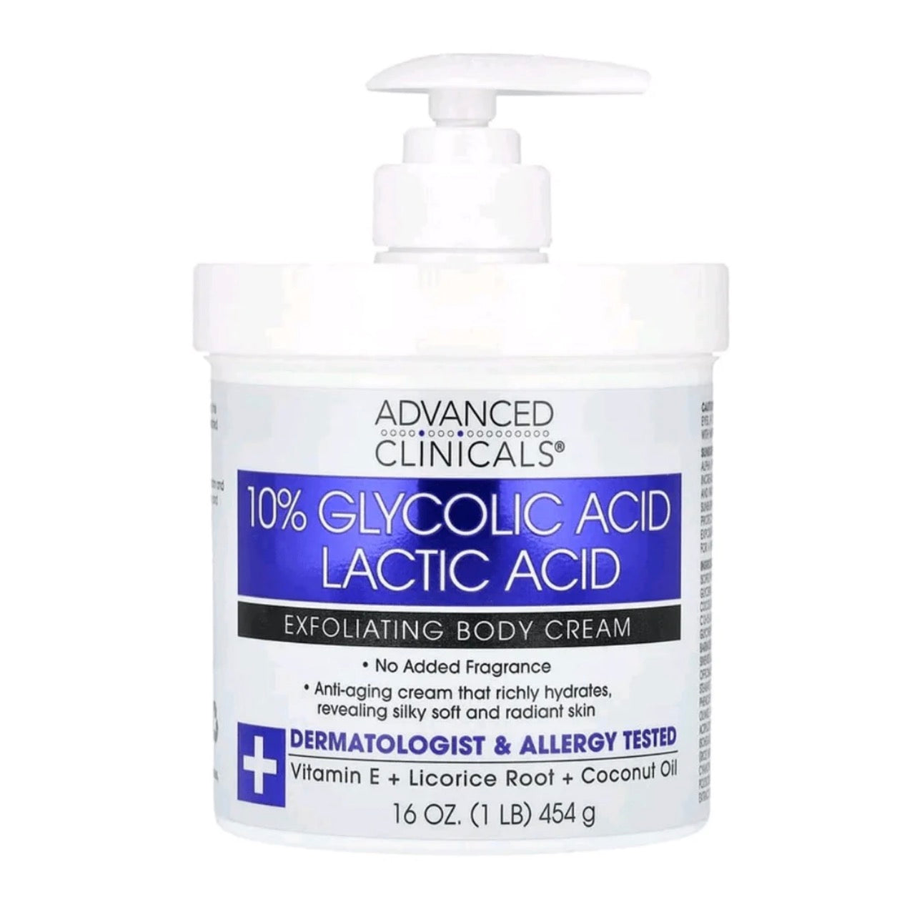 Advanced Clinicals 10% Glycolic Acid Lactic Acid Exfoliating Body Cream 454g