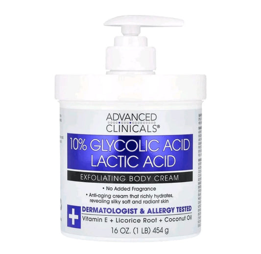 Advanced Clinicals 10% Glycolic Acid Lactic Acid Exfoliating Body Cream 454g