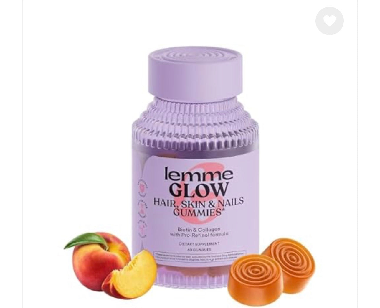 Lemme Glow Collagen Hair Gummies for Strong, Thick Hair, Reduced Shedding, Multi-Collagen Peptides, Biotin, Trace Minerals, Vitamins, Dairy & Gluten Free, Peach Flavor, 60 ct