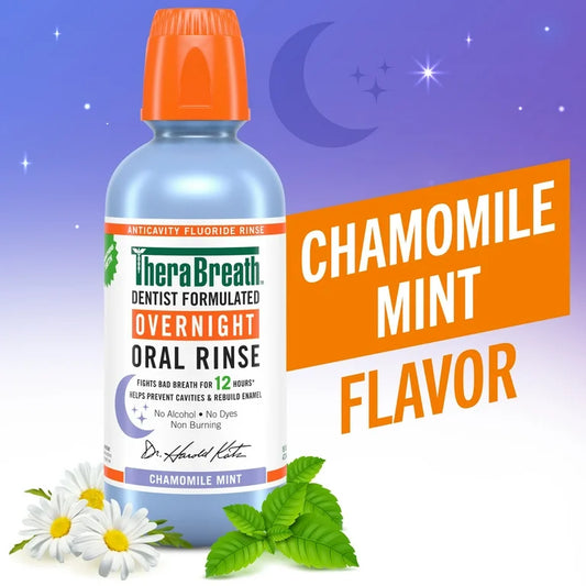 TheraBreath Overnight Mouthwash, Fights Bad Breath for 12 Hours, Chamomile Mint Flavor